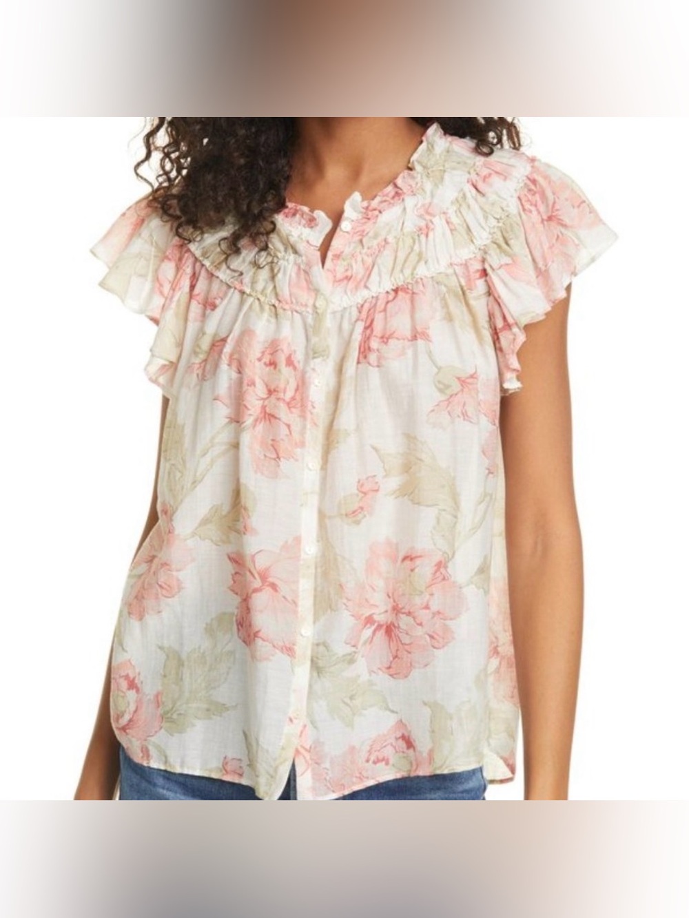 La Vie Rebecca Taylor Peonies Ruffle Top Floral Blouse-Pink/Cream-Size Medium